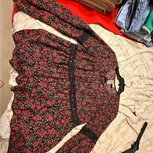 Mimi Chica Black Floral Top with Red Roses and Black Eyelet Detailing